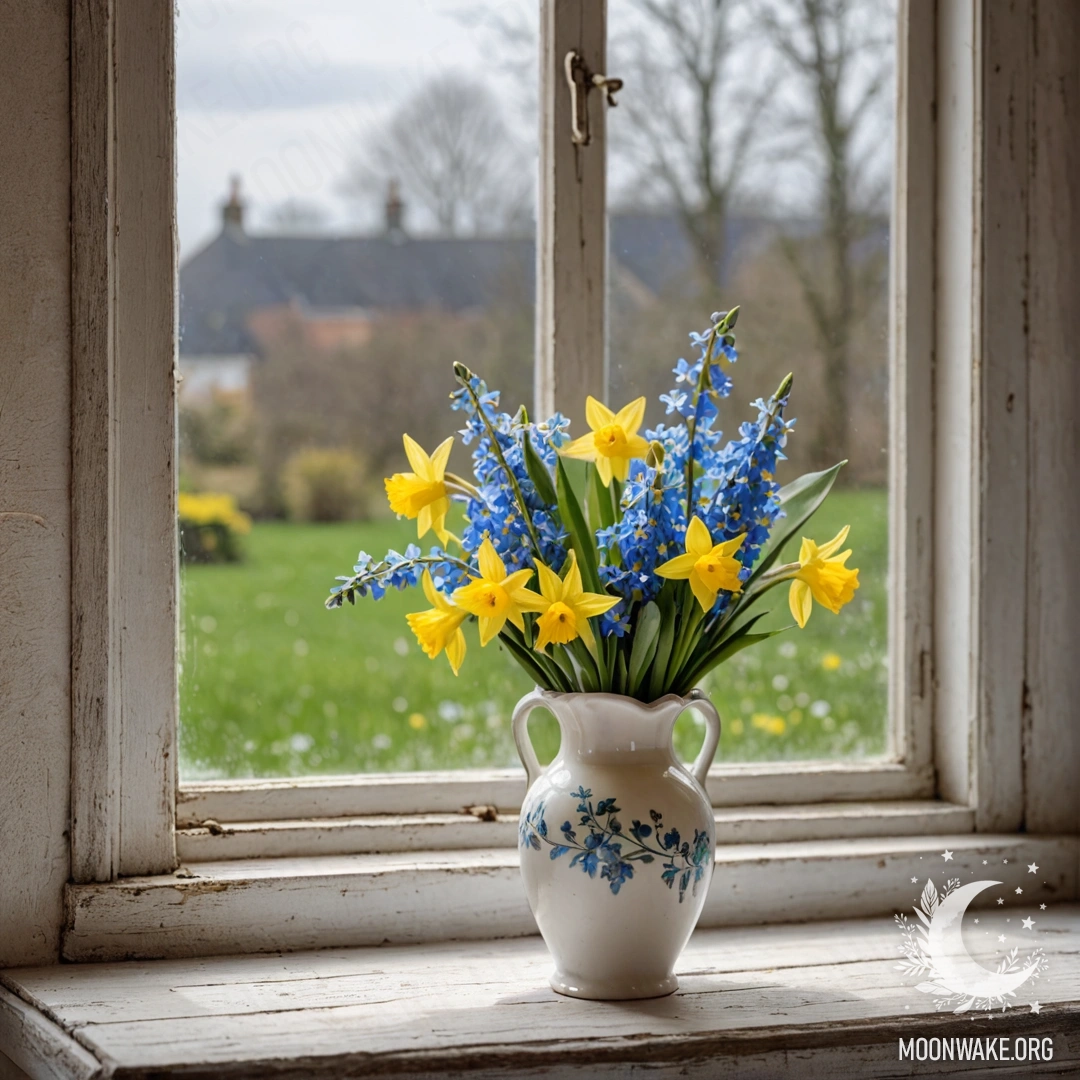 Старый, обшарпанный деревянный подоконник, украшенный белой фарфоровой вазой с нарциссами и незабудками, озаренными гирляндой огней.