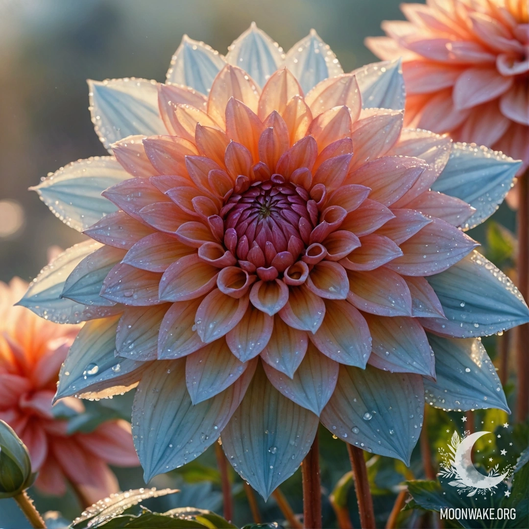 Красивый георгин с каплями росы в небесно-голубой корзине на закате.