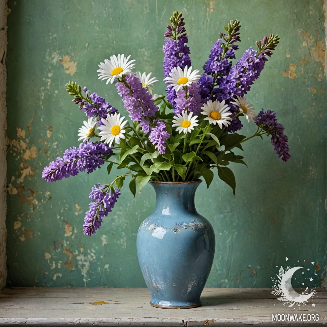 Потёртая синяя ваза с ромашками и сиренью на фоне зелёной стены.