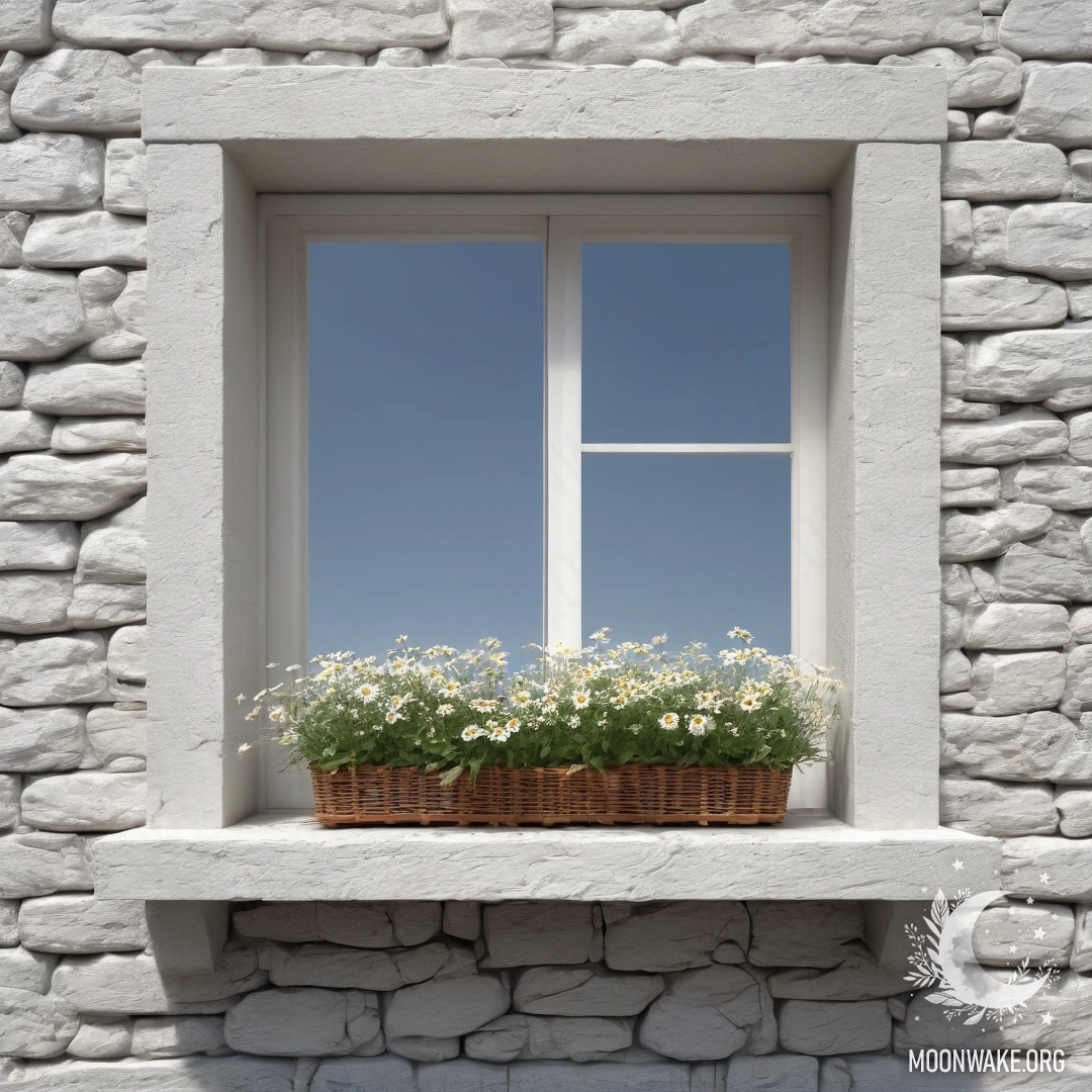 Фотореалистичное изображение белой каменной стены и открытого окна с корзиной маргариток на подоконнике.