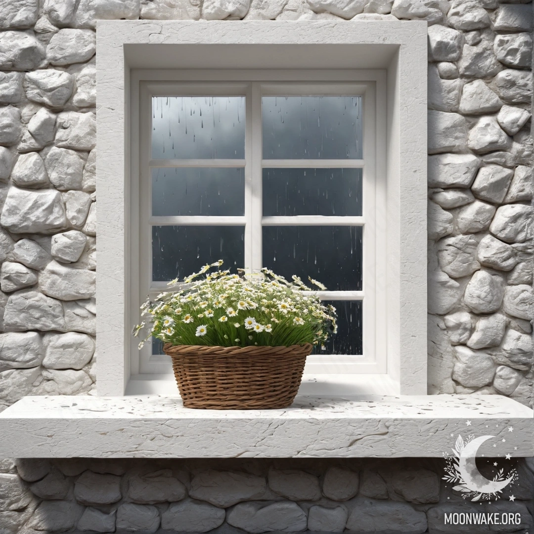 Корзина с маргаритками стоит на подоконнике под падающим дождем, на фоне белой каменной стены и открытого окна.