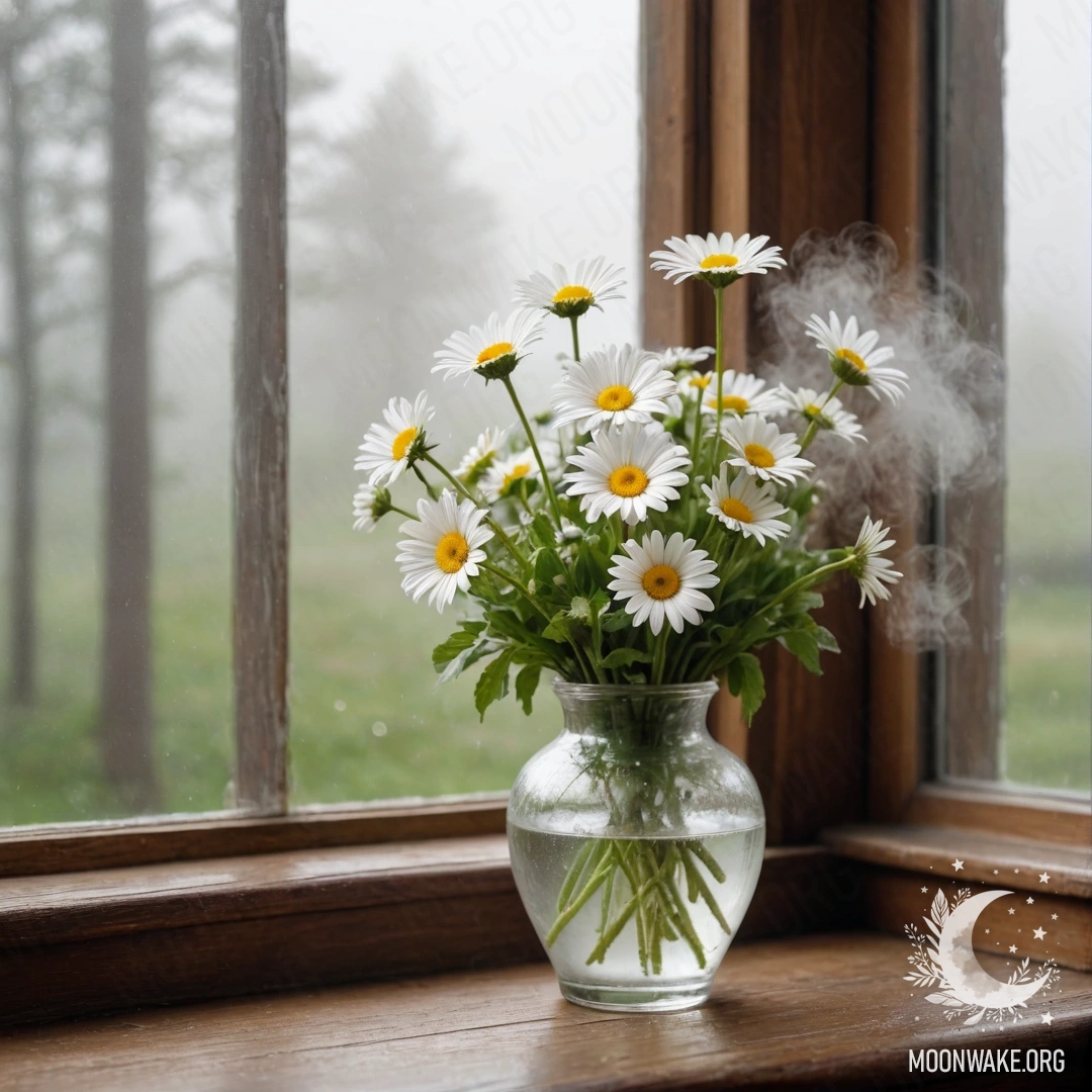 Стеклянная ваза с маргаритками на деревянном винтажном подоконнике, окруженная густым туманом.