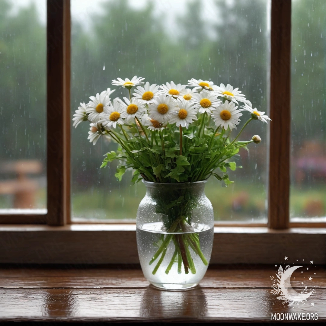Стеклянная ваза с маргаритками на винтажном деревянном подоконнике под дождем.
