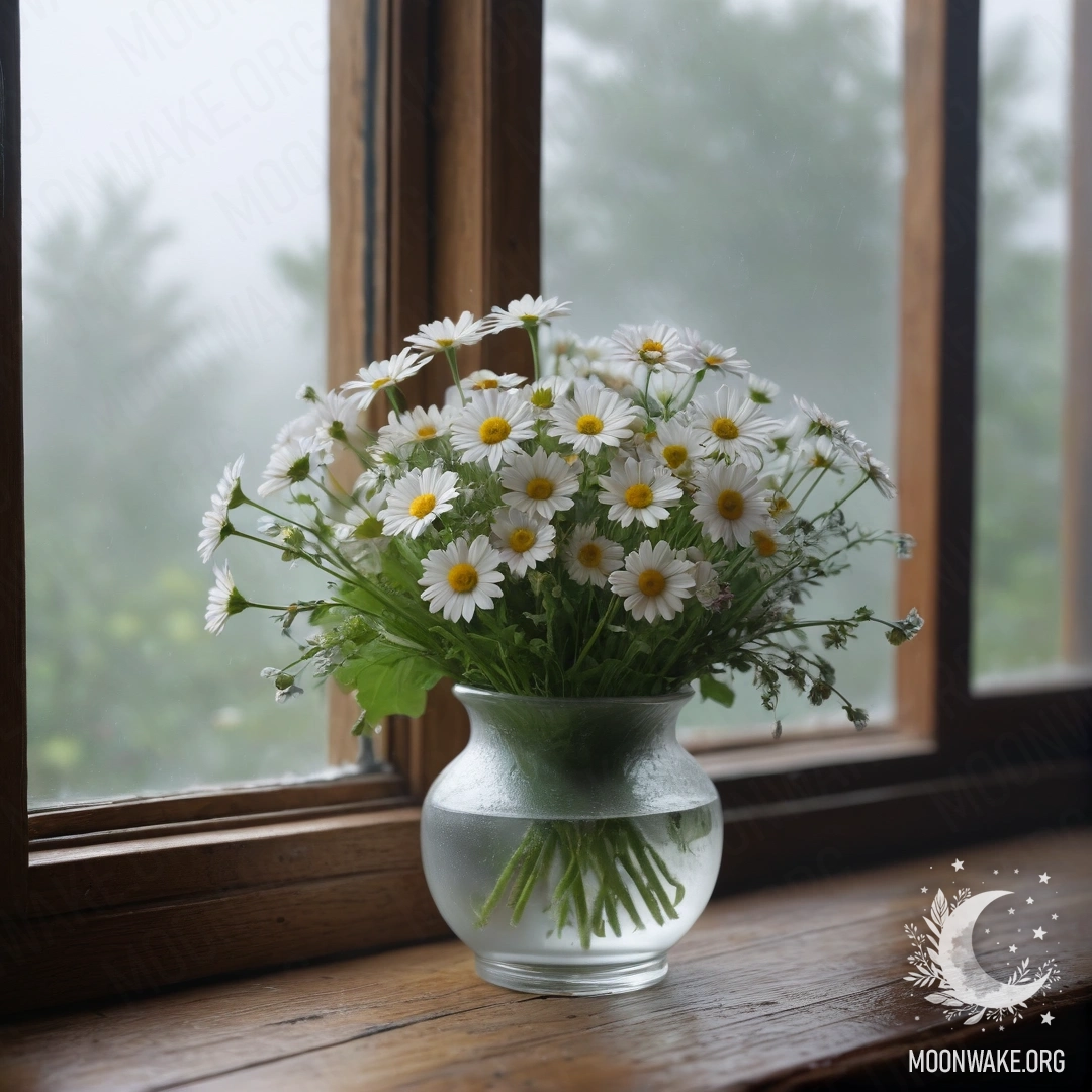 Стеклянная ваза с ромашками стоит на винтажном деревянном подоконнике, окружённая плотным туманом.