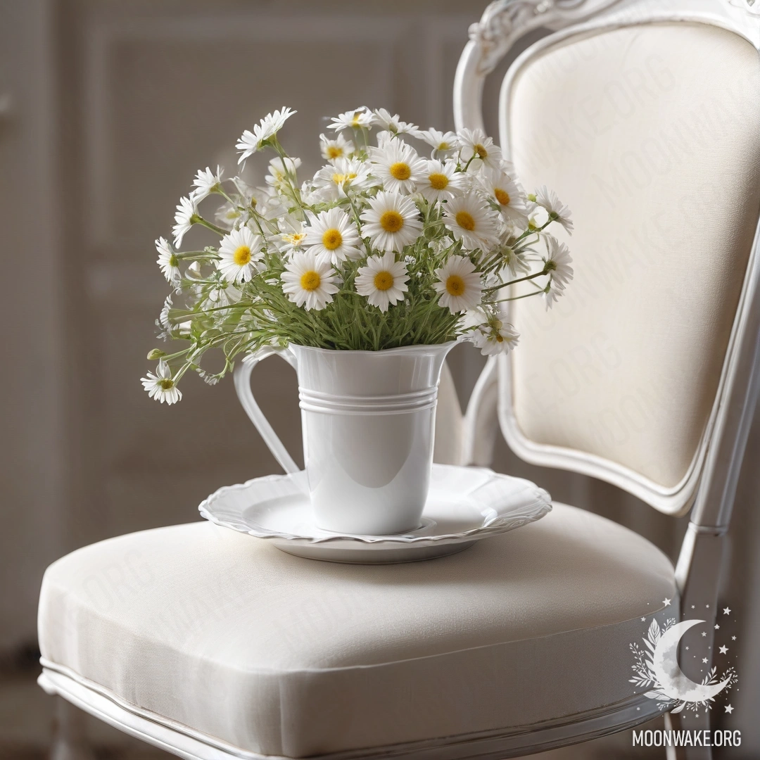 Стеклянная ваза с маргаритками на старом деревянном подоконнике, окутанная туманом.