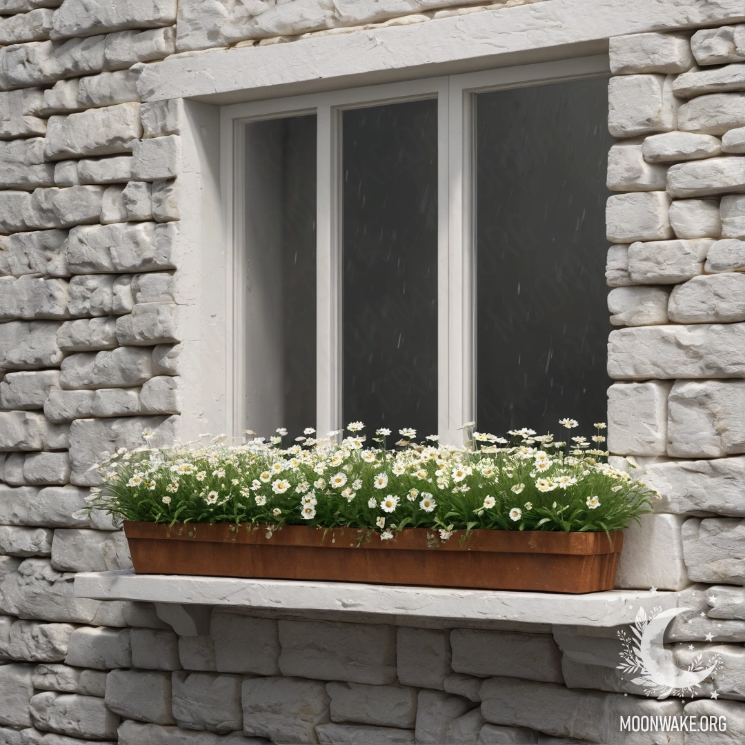 Фотореалистичная сцена с белой каменной стеной, открытым окном и корзиной маргариток на подоконнике во время дождя.