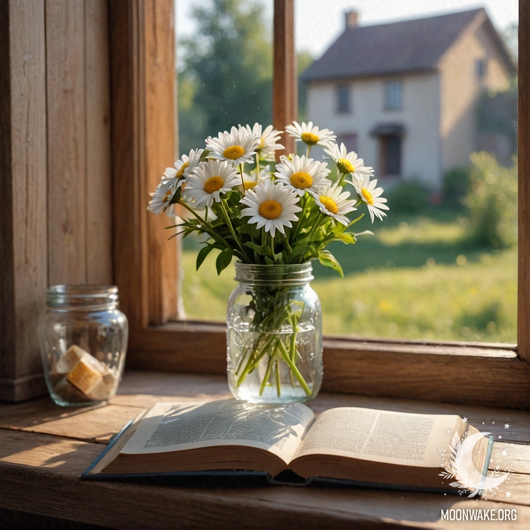 Старый деревянный подоконник с банкой ромашек и открытой книгой.
