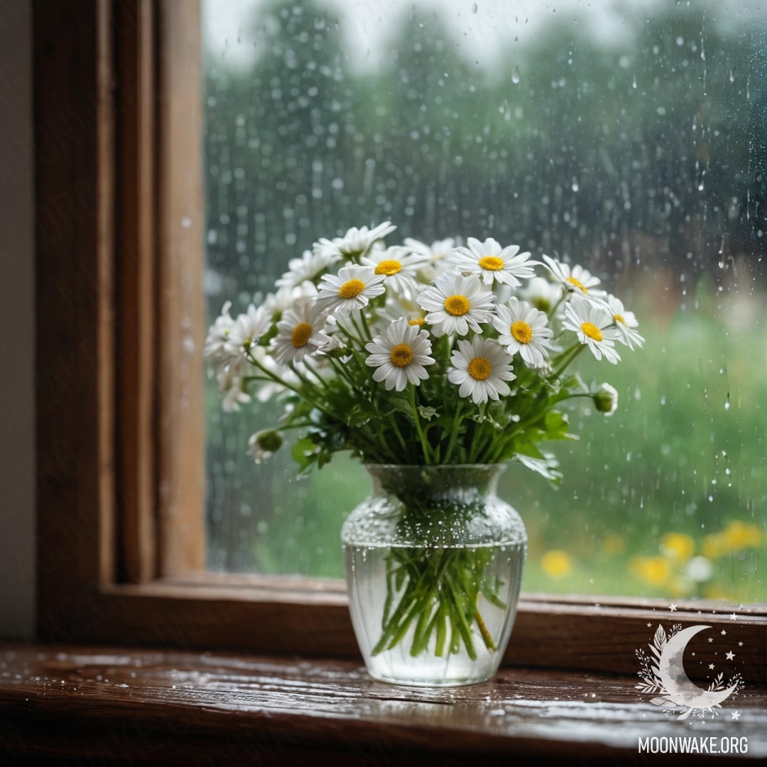 Стеклянная ваза с маргаритками на винтажном деревянном подоконнике под дождём.