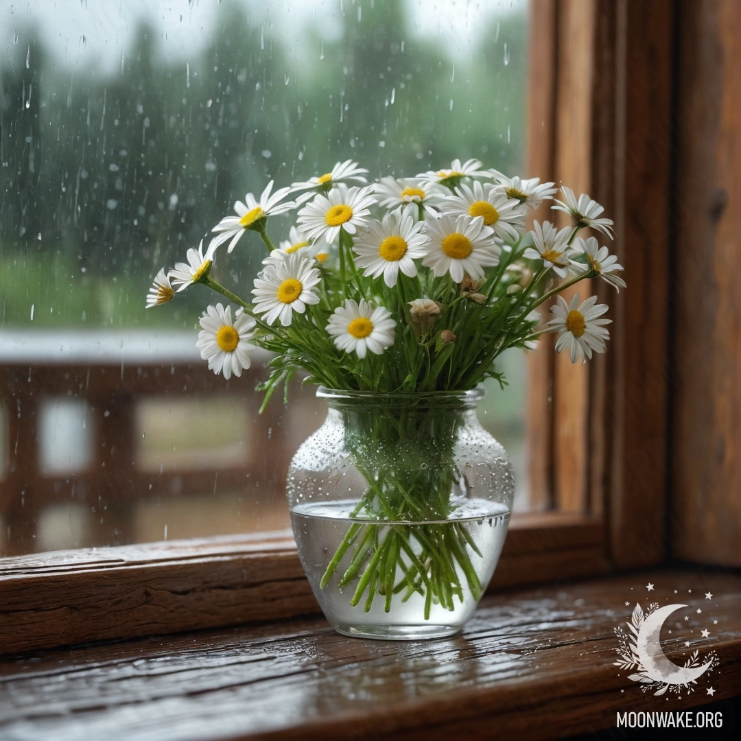 Стеклянная ваза с маргаритками на деревянном винтажном подоконнике под дождём.