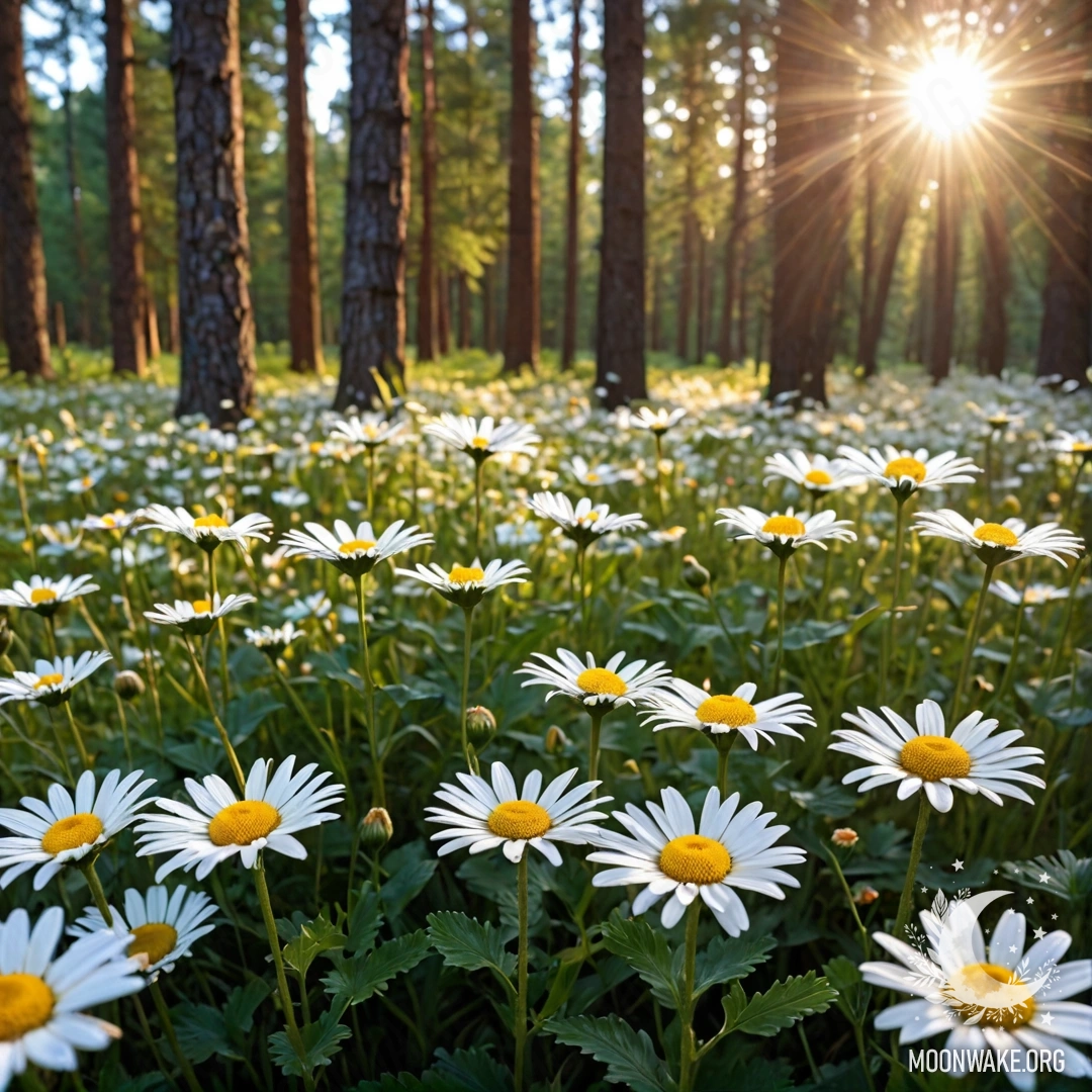 Крупный план маргариток, освещенных лучами заката в лесу.