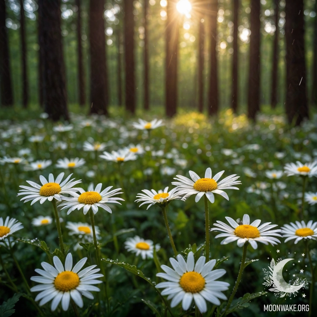 Крупный план ромашек, сверкающих под дождем, с деревьями и солнечным светом заката на заднем плане.