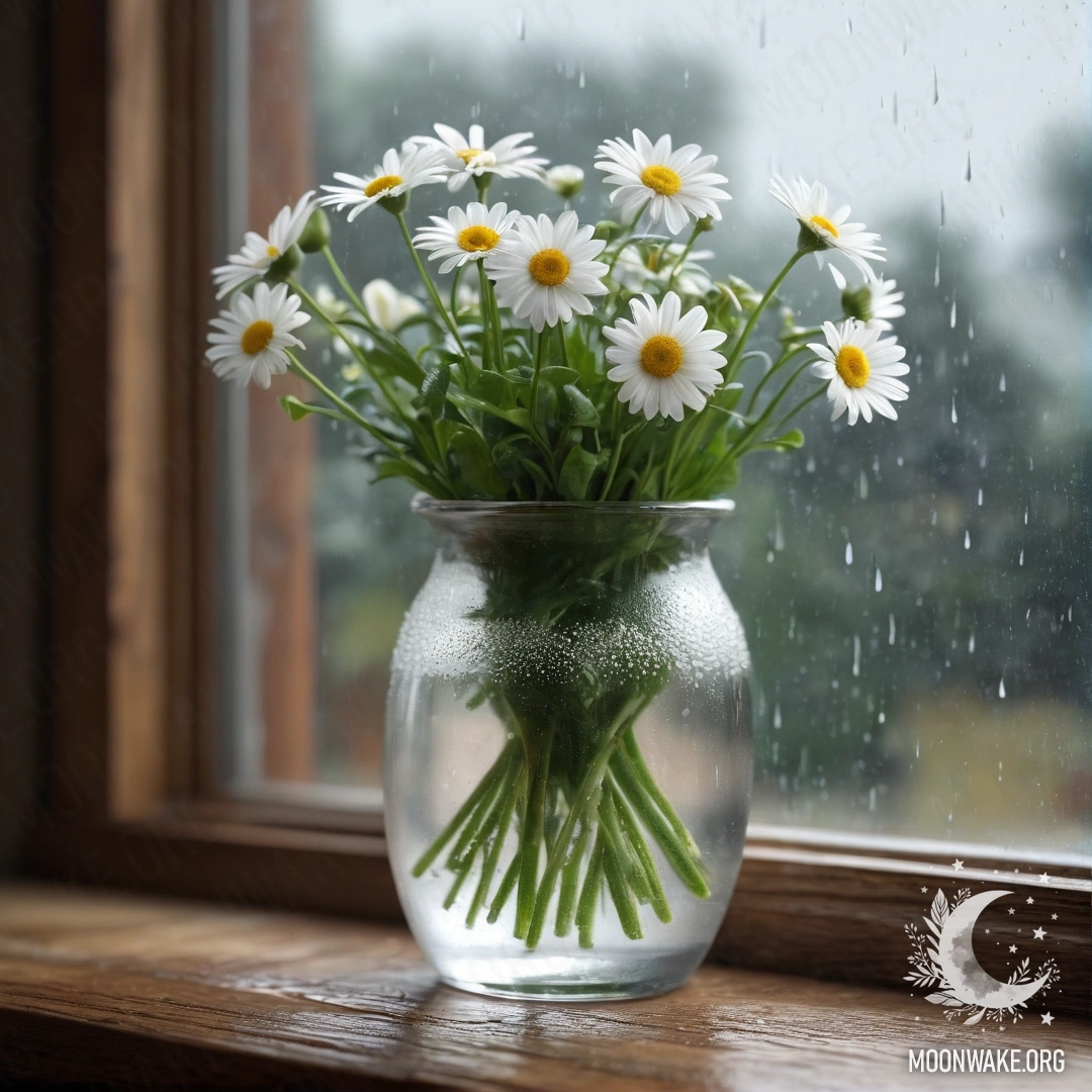Стеклянная ваза с ромашками на винтажном деревянном подоконнике, под дождем.