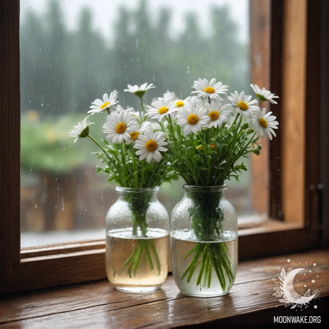 Стеклянная ваза с маргаритками на винтажном деревянном подоконнике под дождем.