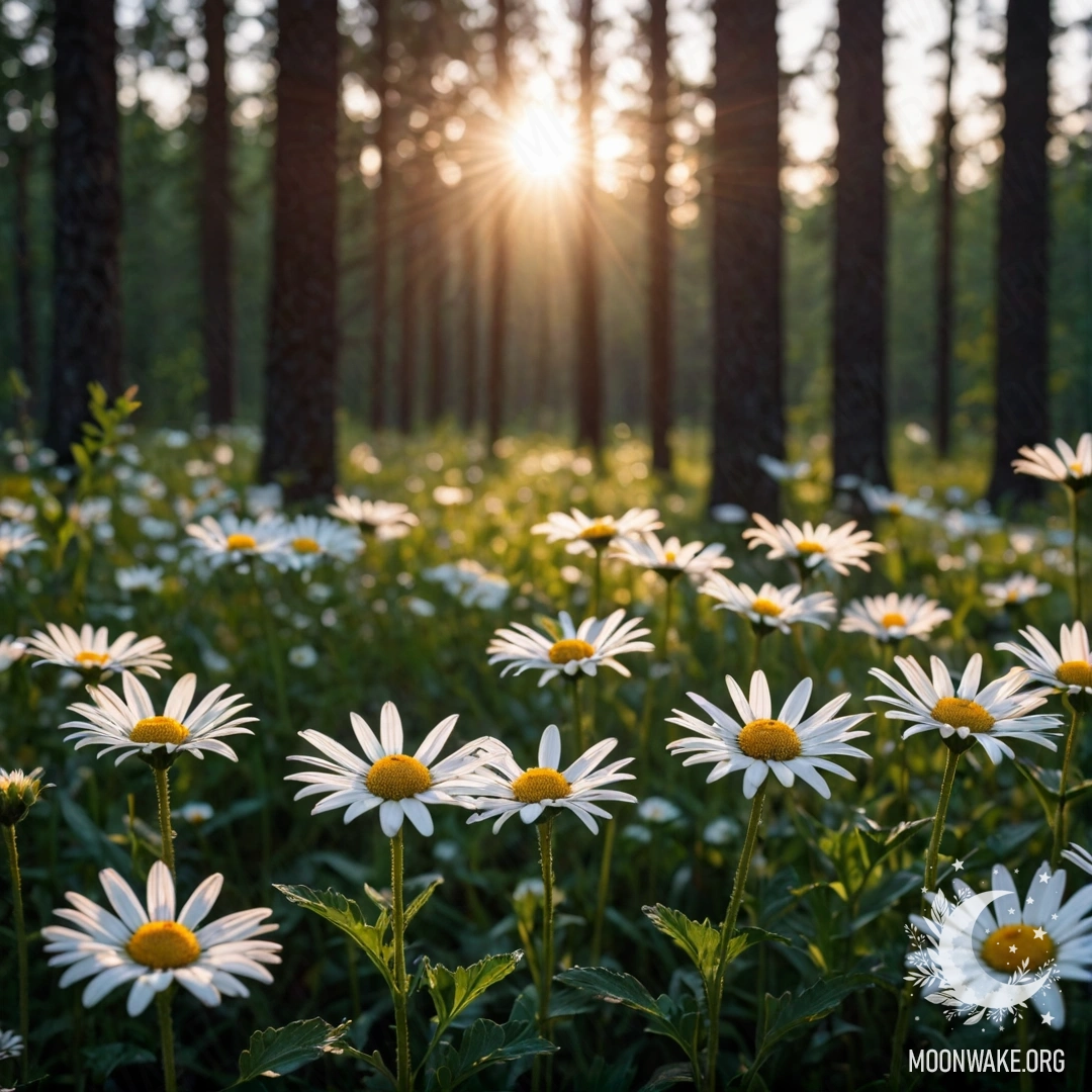 Крупный план маргариток, освещённых закатом, пробивающимся сквозь деревья в лесу.