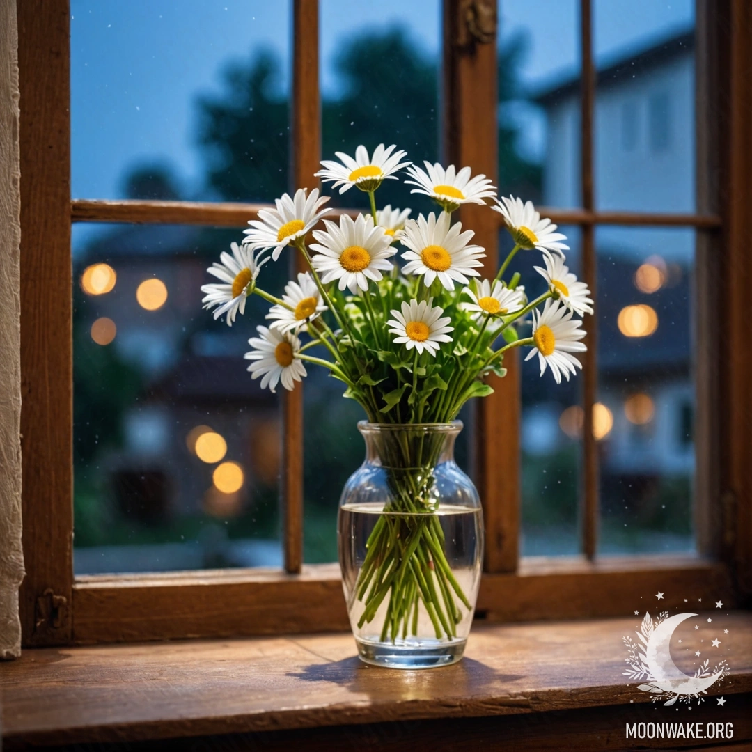 Стеклянная ваза с маргаритками на деревянной vintage подоконнике ночью.