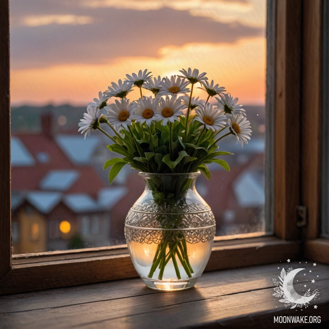 Фотореалистичное изображение стеклянной вазы с ромашками на деревянном винтажном подоконнике во время заката.