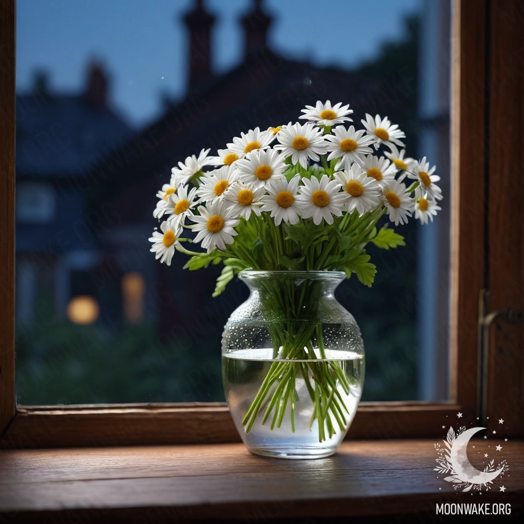Стеклянная ваза с ромашками на деревянном винтажном подоконнике ночью.