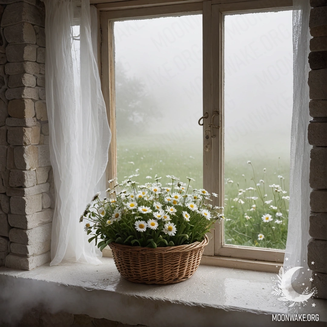 Белая каменная стена с открытым окном и корзина ромашек на подоконнике, окутанные густым туманом.