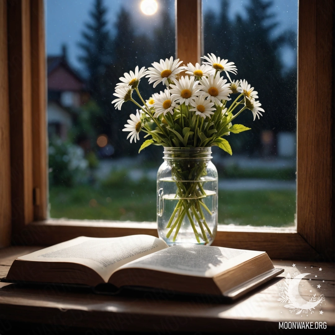 Старый деревянный подоконник с банкой ромашек и открытой книгой ночью.
