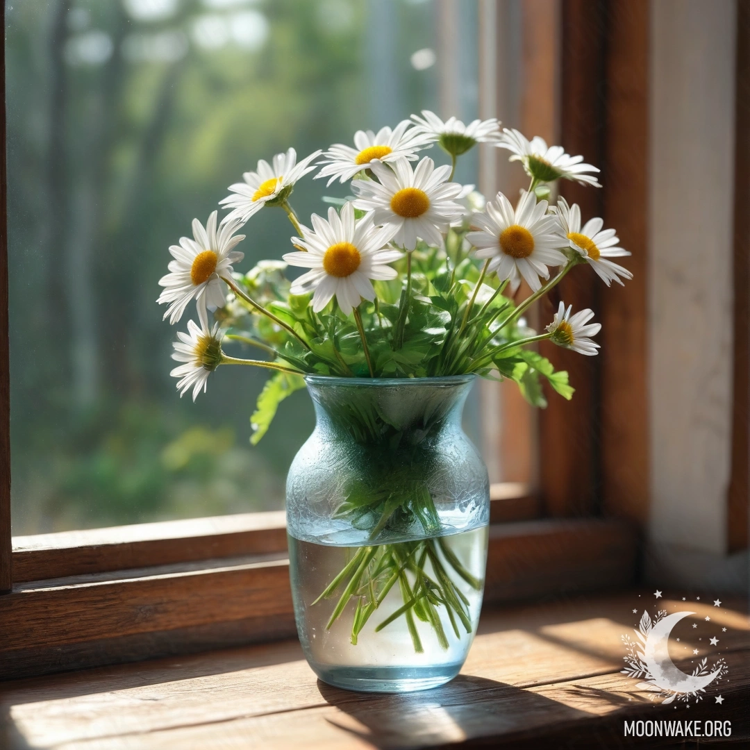 Стеклянная ваза с ромашками на винтажном деревянном подоконнике, залитом солнечными лучами.