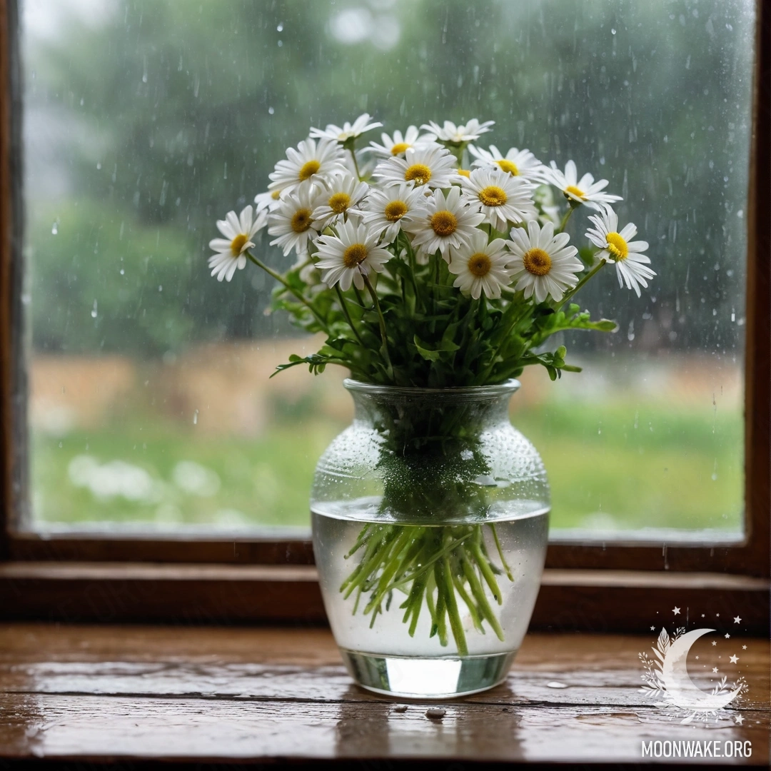 Стеклянная ваза с ромашками на винтажном деревянном подоконнике, окруженная дождем.