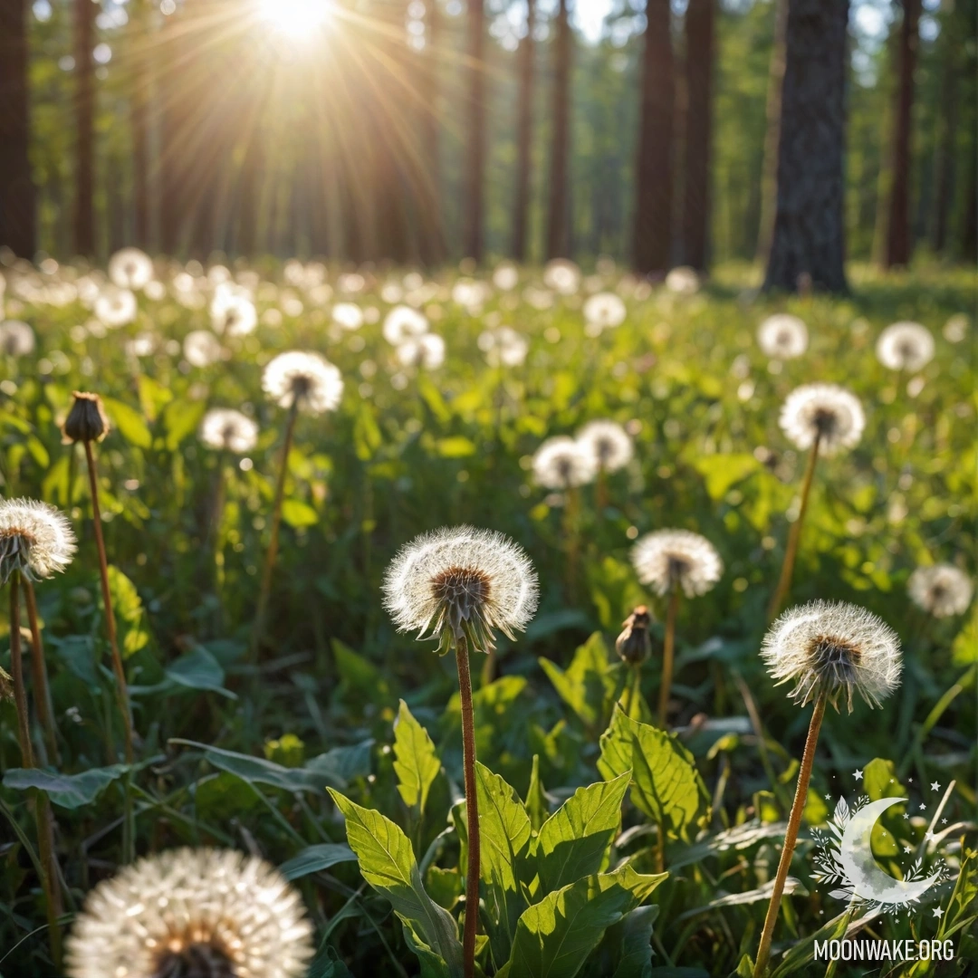 Крупный план одуванчиков на красивом поле с размытым фоном леса и лучами солнца.