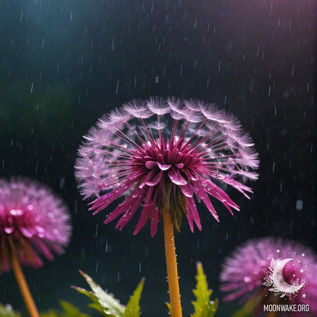 Спокойный букет фуксии одуванчиков, сверкающий под дождём в ночное время.