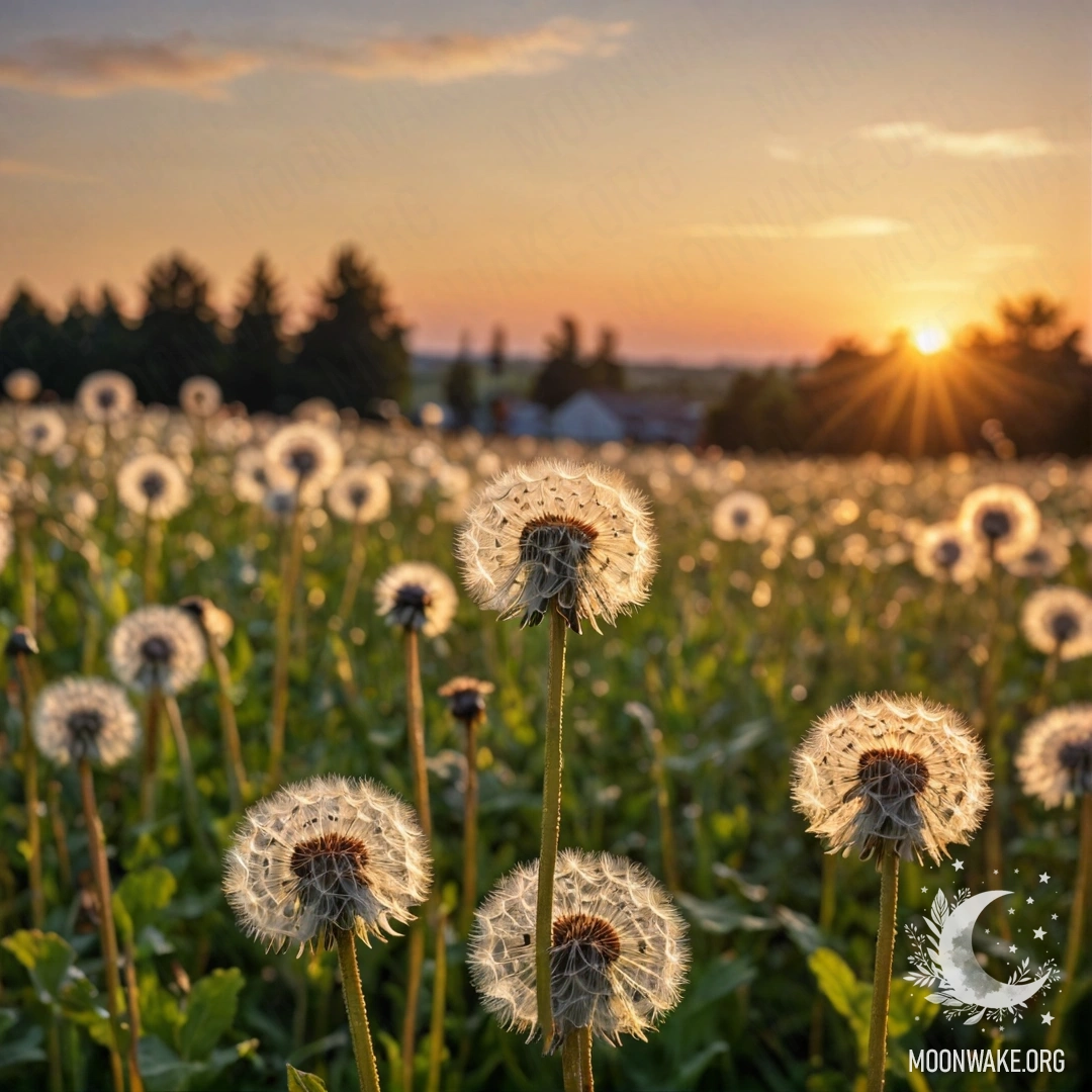 Крупный план одуванчиков на лужайке на фоне расфокусированного заката.