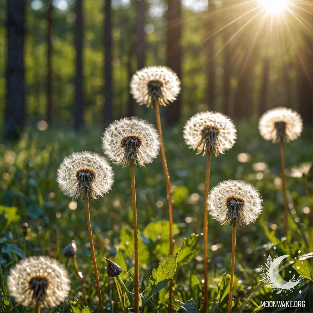 Крупный план одуванчиков на спокойном поле с размытым фоном леса.