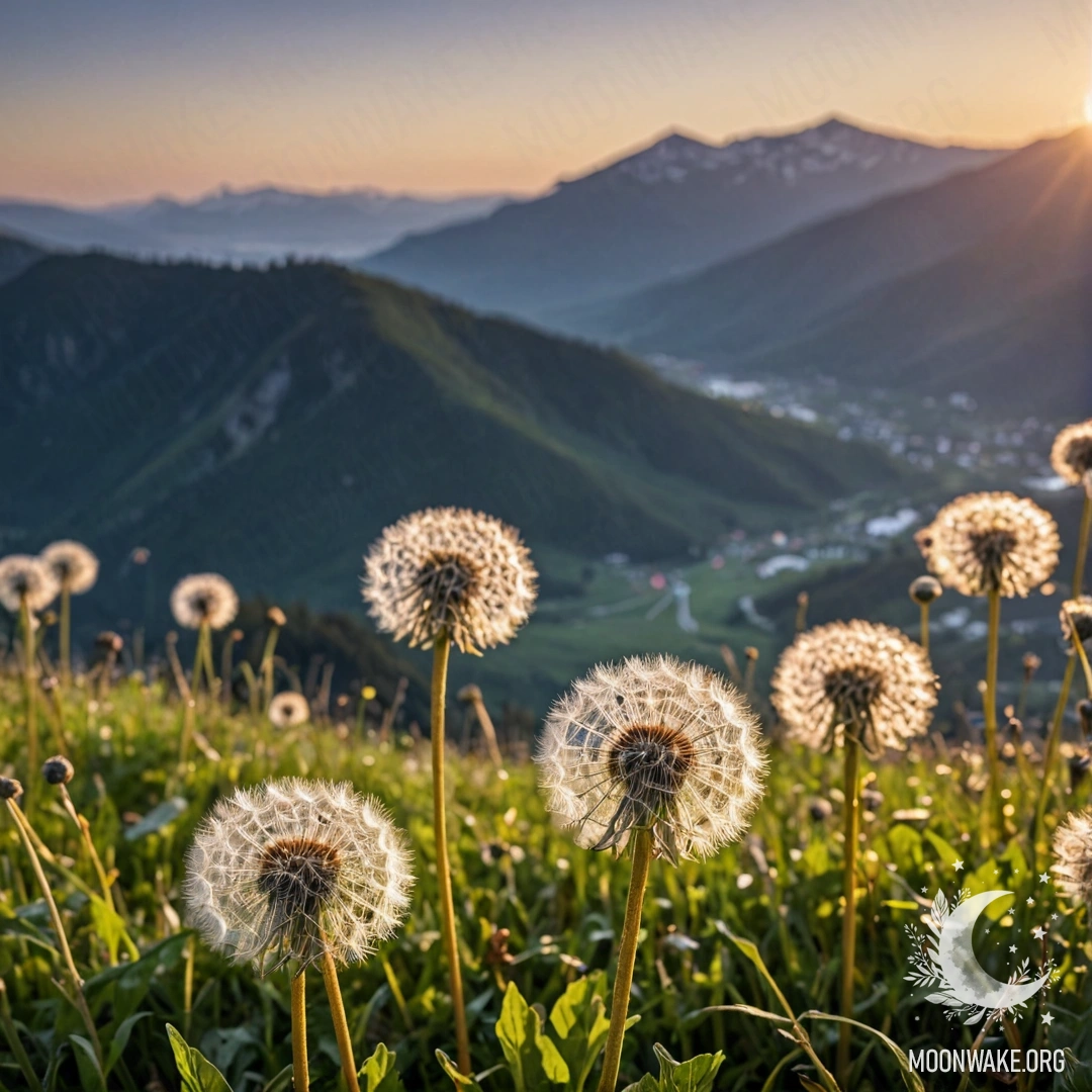Крупный план одуванчиков на мирном поле с расплывчатыми горами на фоне при закате.