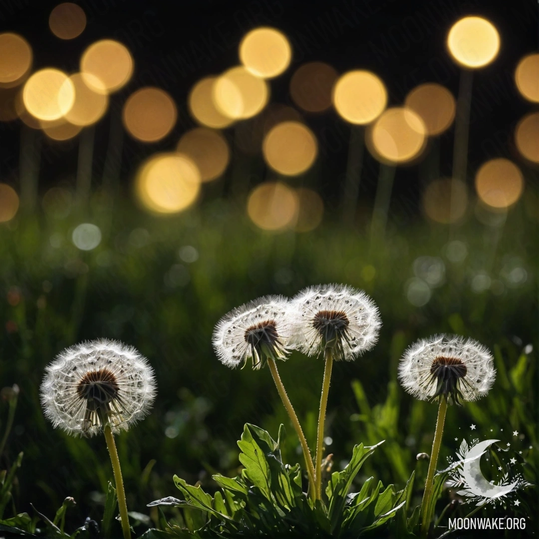 Макроснимок одуванчиков на фоне цветущего поля в ночное время.