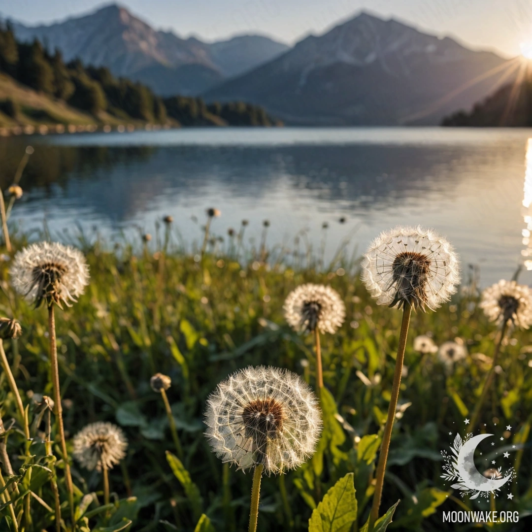 Крупный план одуванчиков на фоне размытости горного озера во время заката.