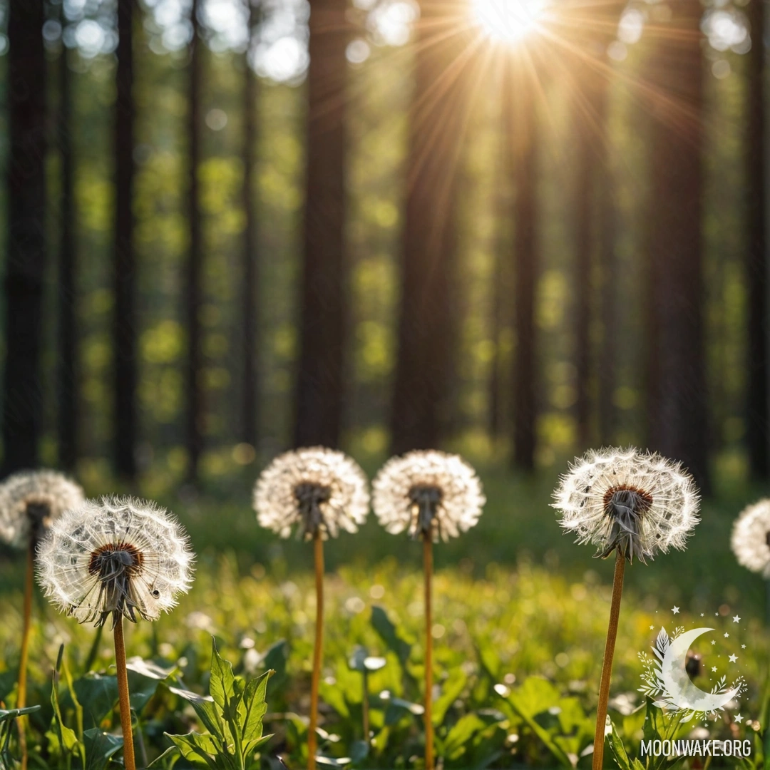 Крупный план одуванчиков на фоне размытого леса.