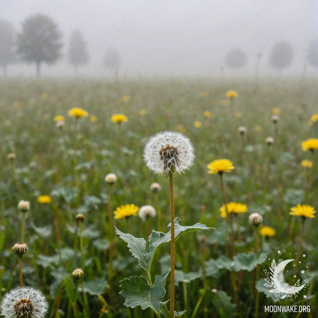 Крупный план одуванчиков на поле в тумане с цветами на фоне, размытыми в боке.