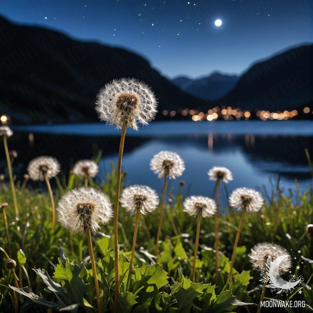 Крупный план одуванчиков на поляне с размытым фоном горного озера ночью.