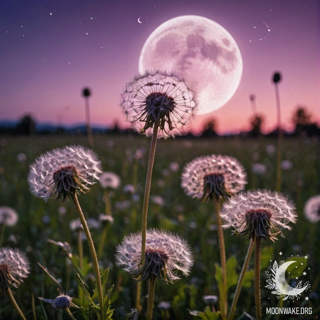 Крупный план одуванчиков с розово-фиолетовым небом и луной на заднем плане.