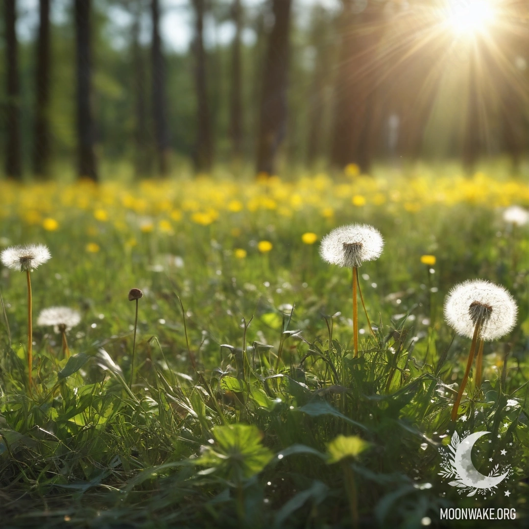 Крупный план одуванчиков на мирном поле с размытым фоном леса.