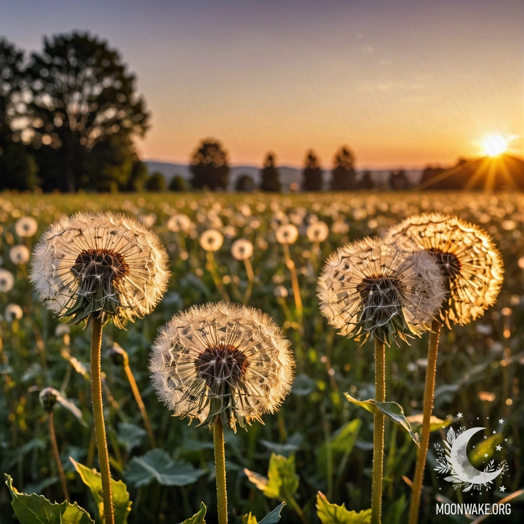 Крупный план одуванчиков на поле на фоне заката с боке.
