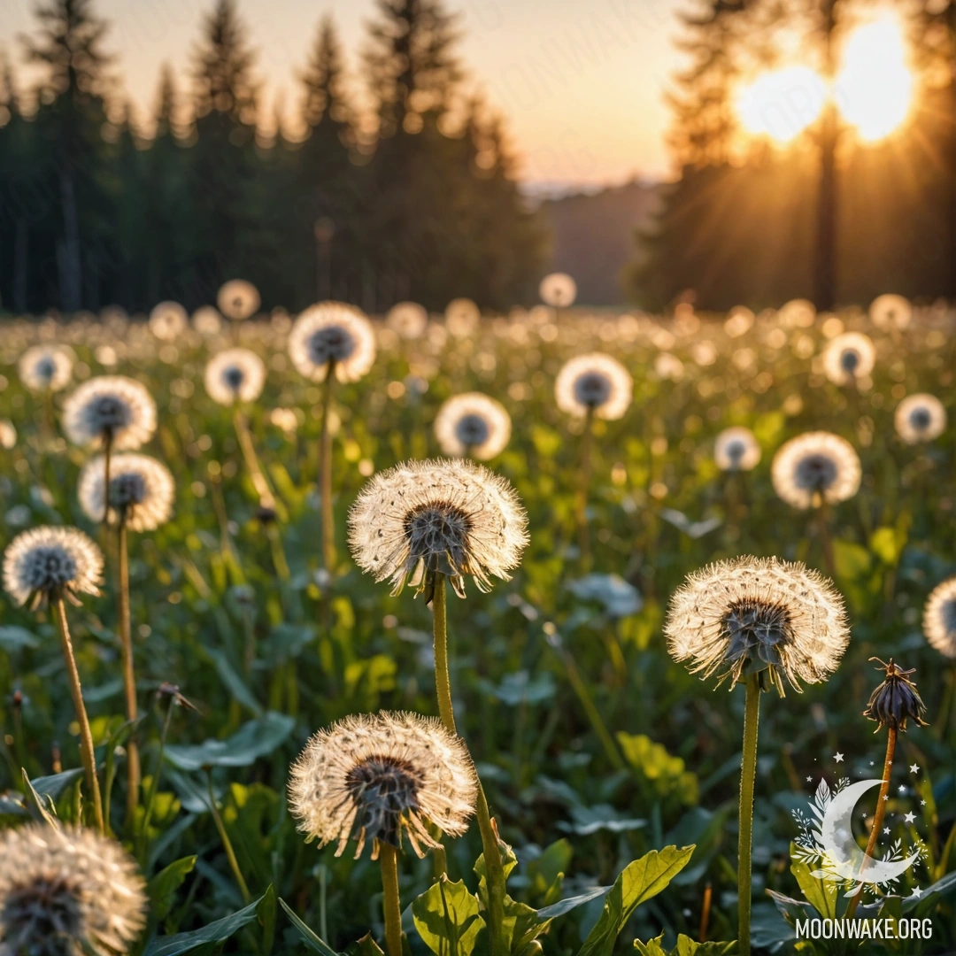 Крупный план одуванчиков в мирном поле на фоне размытого леса на закате.