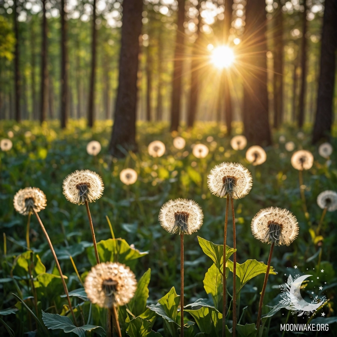 Крупный план одуванчиков на поле с размытым фоном леса и солнечными лучами, проходящими сквозь деревья.