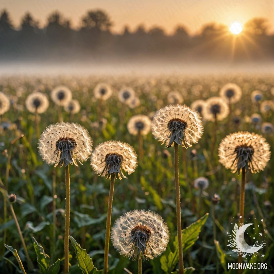 Крупный план одуванчиков на поле, окруженный эффектом боке, туманом и лучами заката.