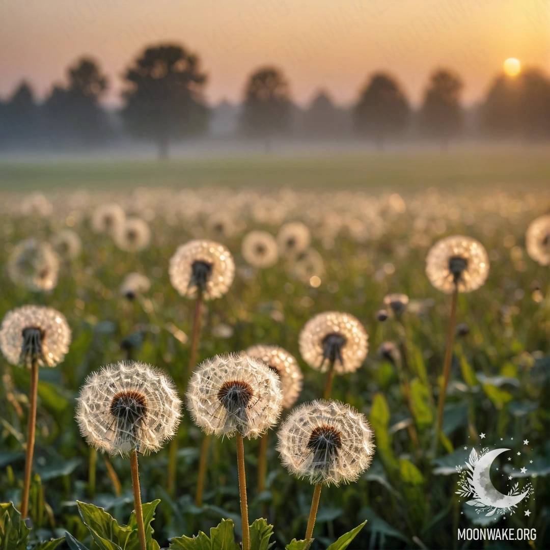 Крупный план одуванчиков на туманном поле во время заката с эффектом боке.