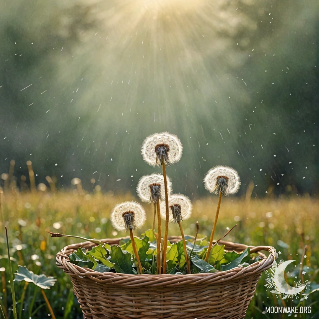 Золотая корзина, наполненная одуванчиками в туманном дожде с солнечными лучами.