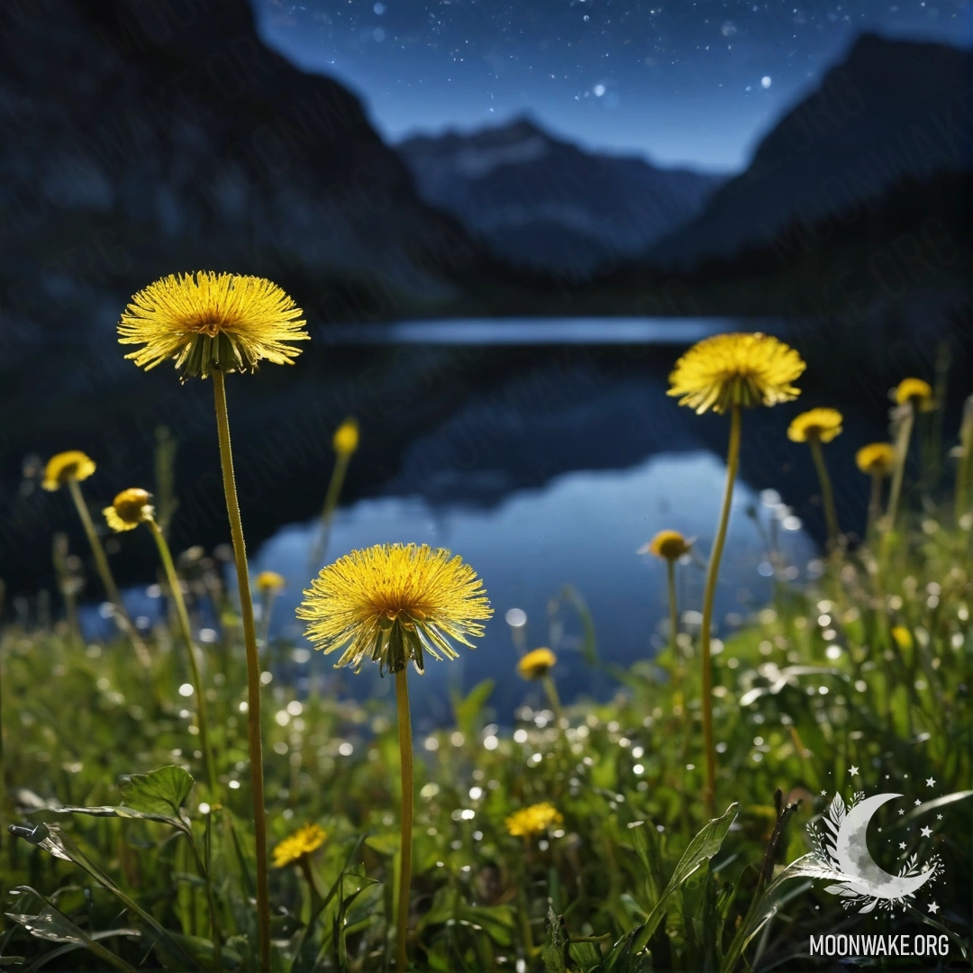 Крупный план одуванчиков на поле на фоне боке горного озера ночью.