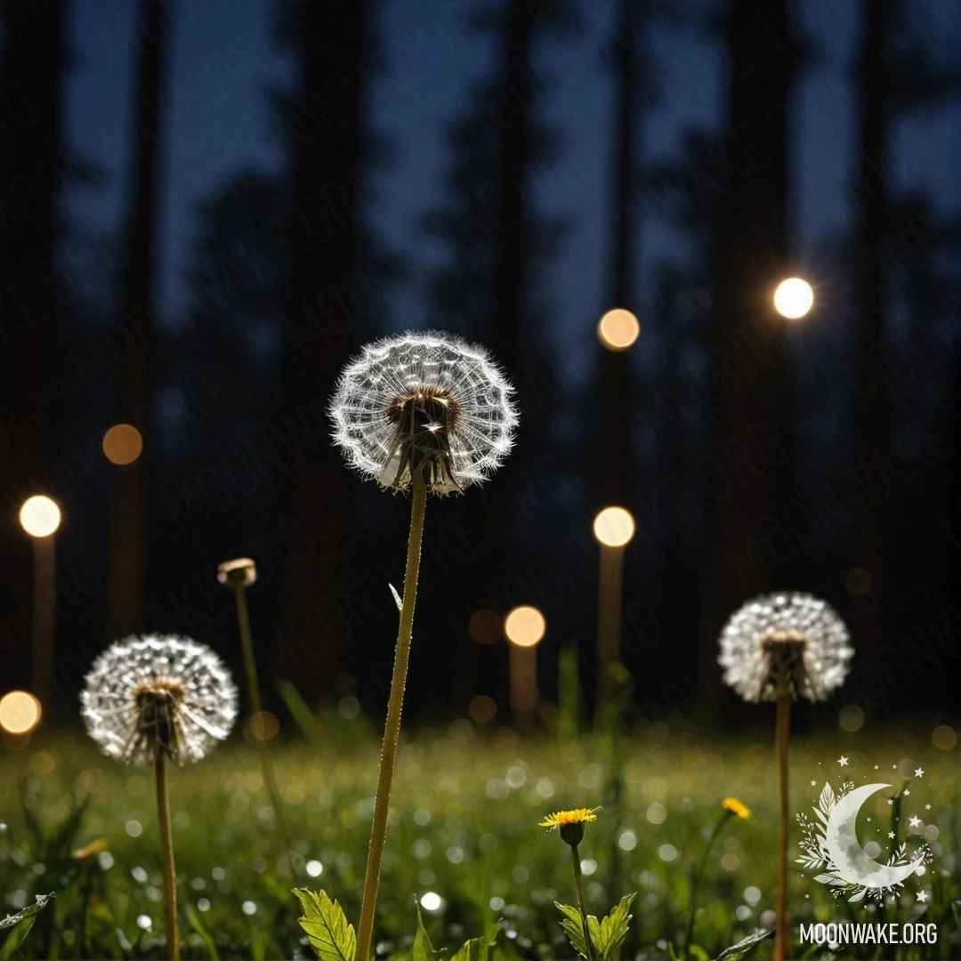 Крупный план одуванчиков на фоне размытого леса ночью.
