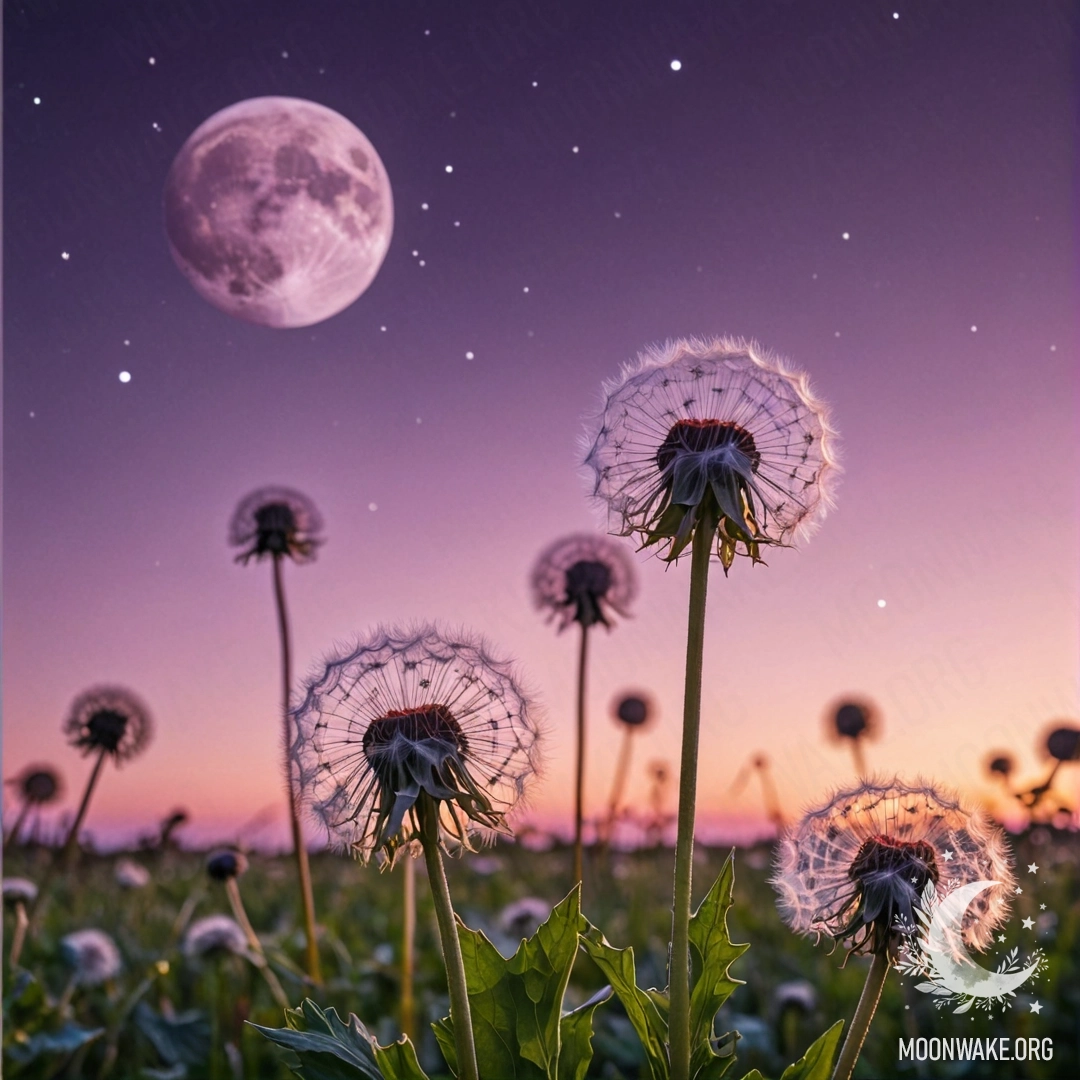 Крупный план подуванчиков на фоне розово-фиолетового неба с луной на закате.