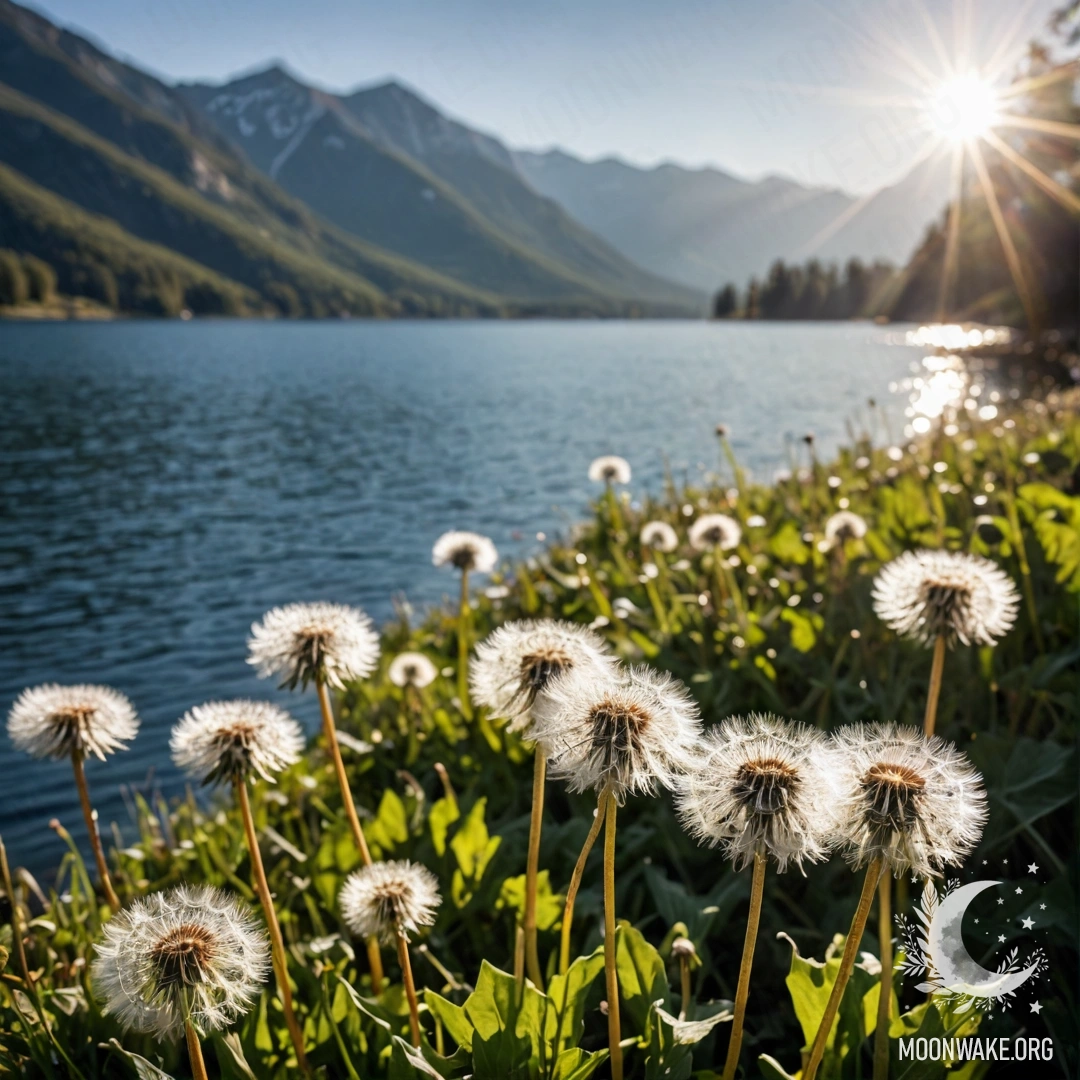 Крупный план одуванчиков в тихом поле на фоне размытого горного озера, освещенного солнечными лучами.