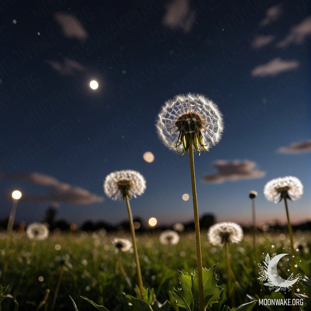 Крупный план одуванчиков в поле на фоне размытого ночного неба с облаками.
