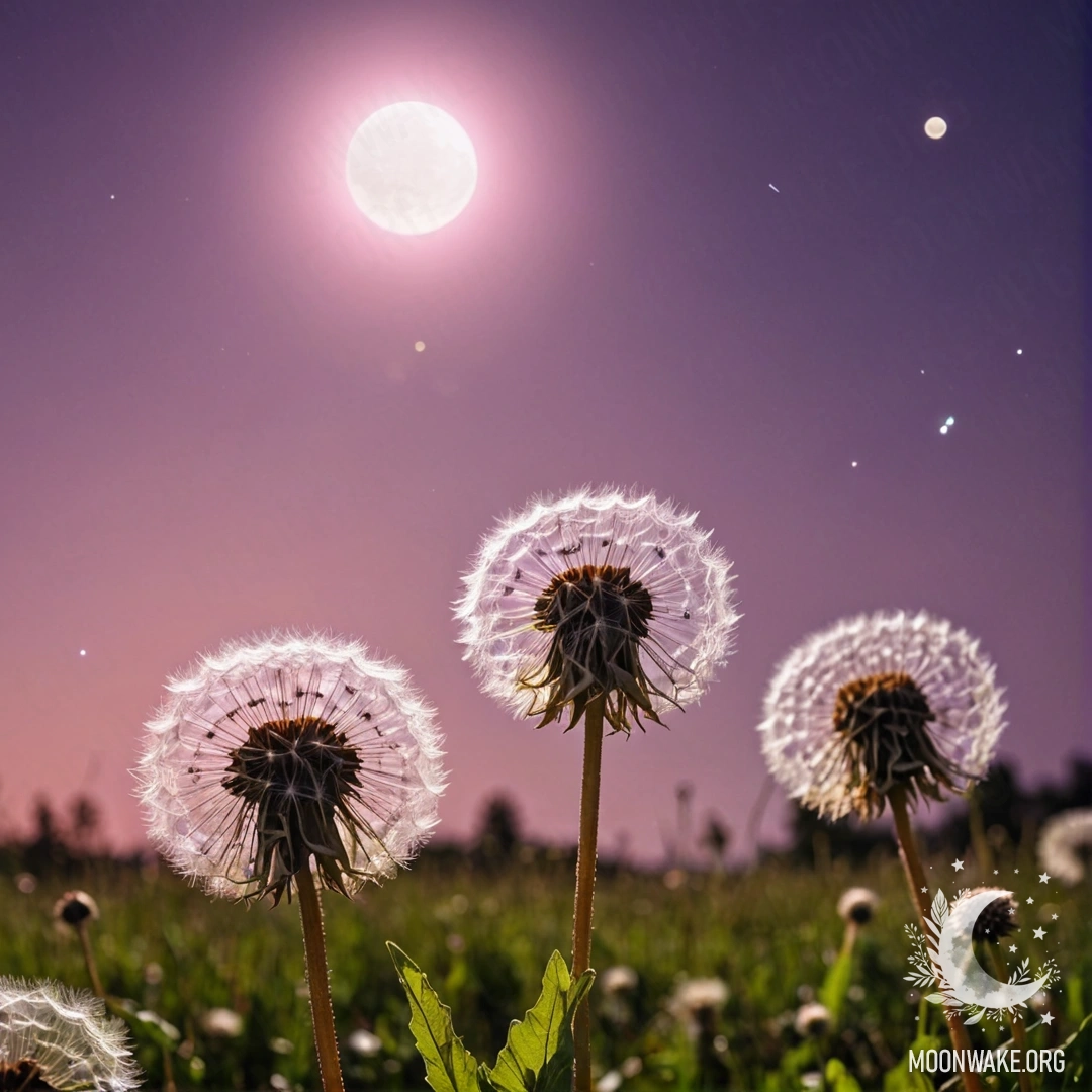 Близкий план подуек в уютном поле на фоне розово-фиолетового неба с луной.