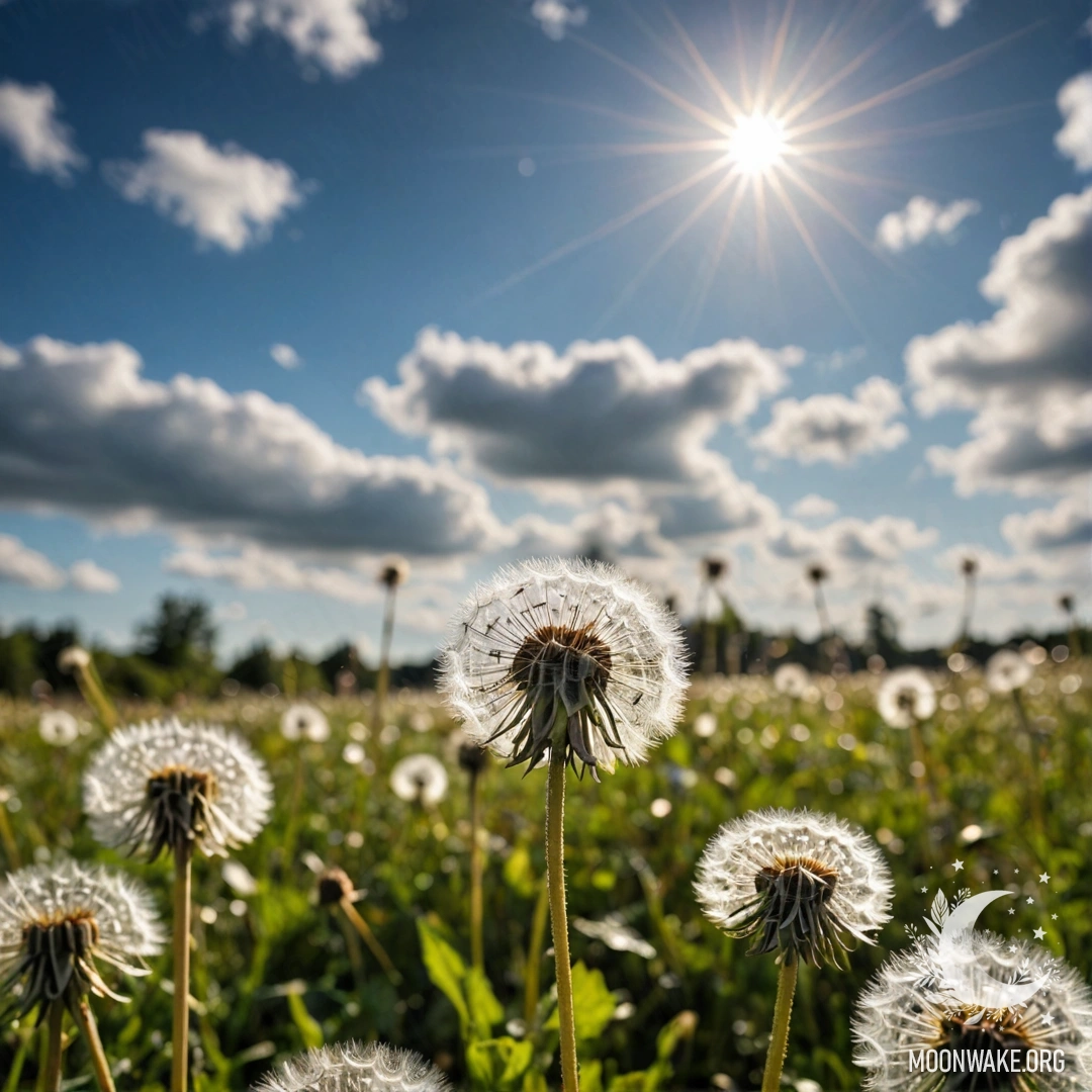 Крупный план одуванчиков на поле на фоне размытых облаков в небе.